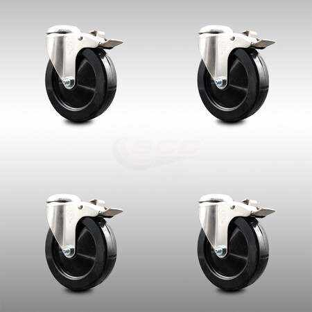 5 Inch 316SS Soft Rubber Swivel Bolt Hole Caster Set With Lock Brake SCC